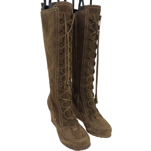 Burberry Womens Suede Lace-Up Knee-High Wedge Boots Size 5.5 US 36 EU Boho 7943 - Picture 1 of 16